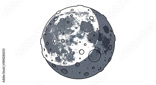 A detailed illustration of the moon's surface featuring craters and lunar terrain from a direct viewpoint
