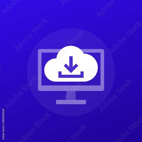 Download icon with cloud and computer, downloading software update, transparent design