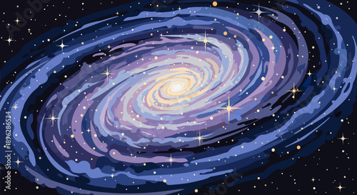 A vibrant galaxy illustration viewed from space showcasing swirling spiral arms and shining stars in a cosmic scene