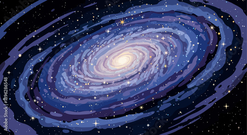 A spiral galaxy with stars and a bright center viewed from space