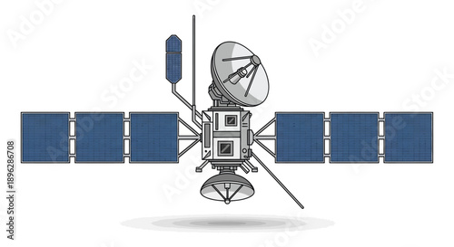 Satellite with solar panels and antenna orbiting the Earth in a technical illustration