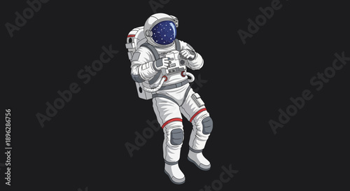Astronaut floating in space with a tether, viewed from a slight angle, in a 3D illustration