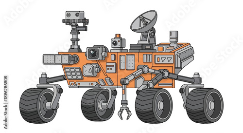 Detailed illustration of a robotic Mars rover with mechanical arms and scientific equipment on a planetary surface viewed from the side