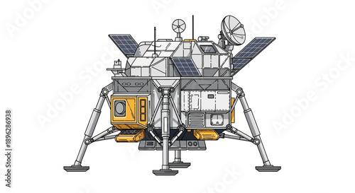 A detailed technical illustration of a spacecraft lander on a planetary surface viewed from the front