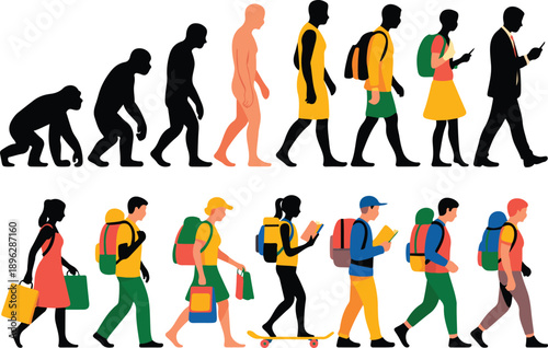 Human Evolution Flat Vector Illustration – From Primates to Modern Life