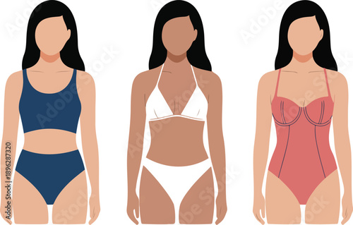 Women Swimwear Flat Vector Set Bikini, Tankini, and One-Piece Styles