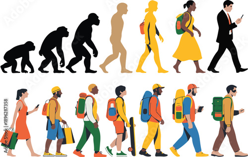 Human Evolution Flat Vector Illustration – From Primates to Modern Life