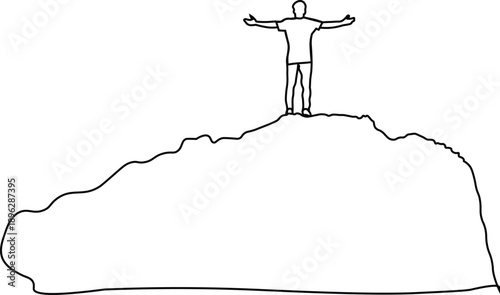 Continous line drawing of person standing on peak of mountain. Winner man on mountain peak single line. 