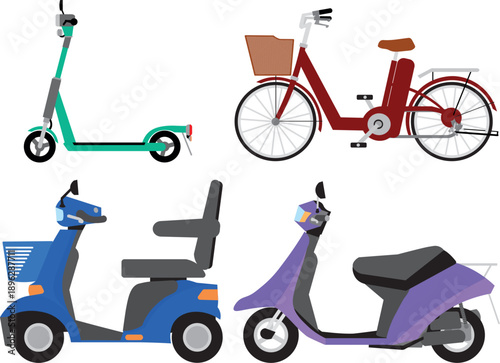 Collection of various electric personal mobility vehicles including scooters, bicycles, and mopeds.