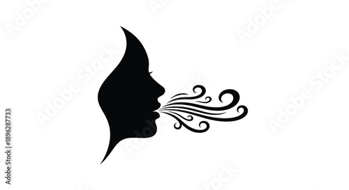 A woman s face expelling a swirling smoke design silhouette
