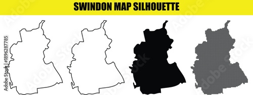 Swindon map silhouette vector illustration with various styles including outline solid black and pixelated dot pattern