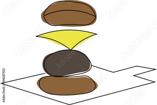 Hamburger breakdown. Hamburger illustration. Hand drawn line art sketch vector illustration. Burger with cheese and patty. Fast food design for menu, poster and culinary blog.