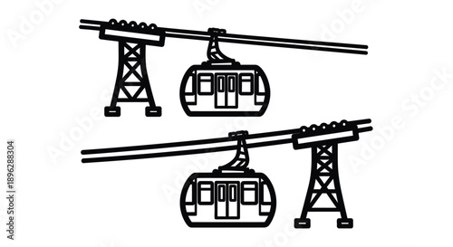 Two cable cars on a line a simple black silhouette