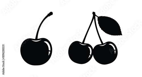 Two black cherries with stems and leaves a stark silhouette