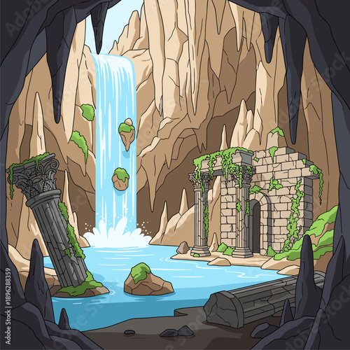 Mystical Hidden Cave with Ancient Ruins, Cascading Waterfall, and Serene Blue Pool Illustration