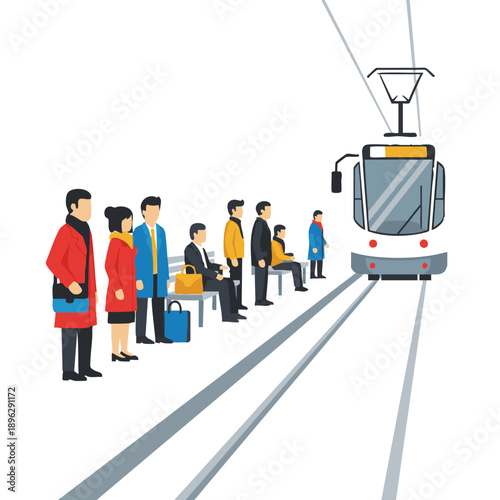 People waiting at a train station platform with a tram arriving on the tracks in a modern urban setting vector illustration