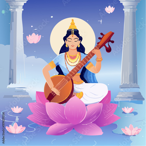Goddess Saraswati playing veena on a lotus flower under a full moon, surrounded by pillars and water lilies, symbolizing knowledge and arts.