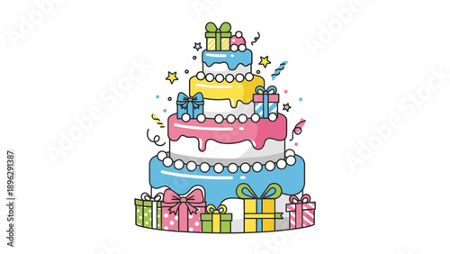Colorful cartoon illustration of a multi-tiered birthday cake with gifts on a white background.
