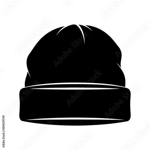 Silhouette of a cozy beanie hat, winter wool headwear fashion, black vector shape on white background