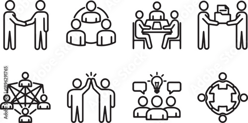 Comprehensive Business Collaboration Icon Set: Vector Collection of Teamwork, Partnership, Meeting, Networking, Brainstorming, and Corporate Agreement Line Icons for UI/UX Design.