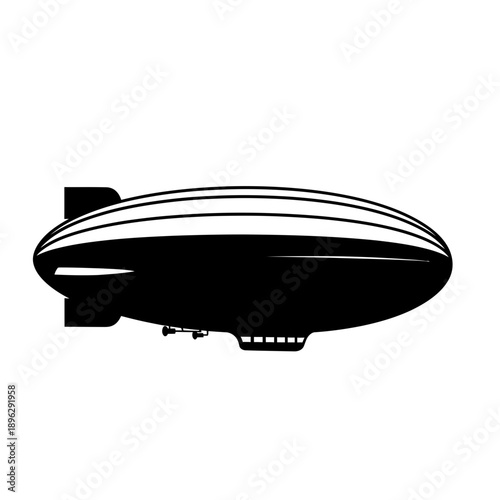 Silhouette of a vintage blimp airship, zeppelin aviation transport, black vector shape on white background