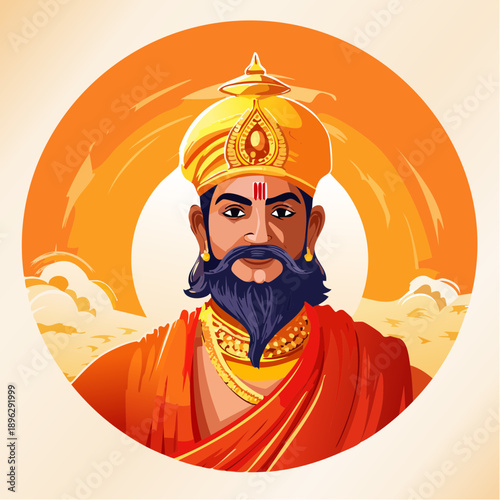 Illustration of a regal Indian man with a beard and turban, adorned with gold jewelry, set against a vibrant orange sun-like background, depicting a king or sage.