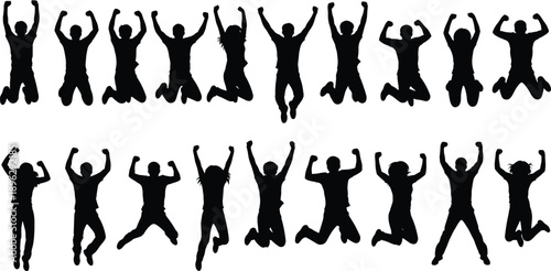 Jumping people silhouettes collection showing excitement, success and celebration poses, energetic human movement and positive emotions isolated on white background