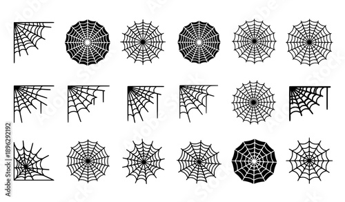 Black spider web silhouette icons for Halloween and mystery themes