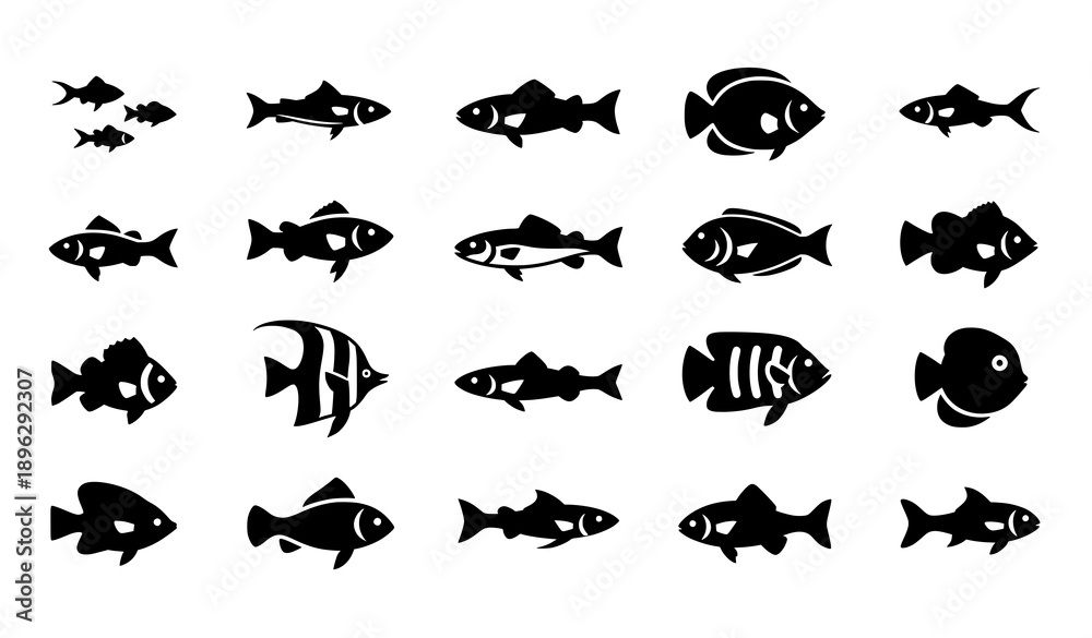 Fototapeta premium Fish vector icon set with aquatic life silhouettes isolated on white background