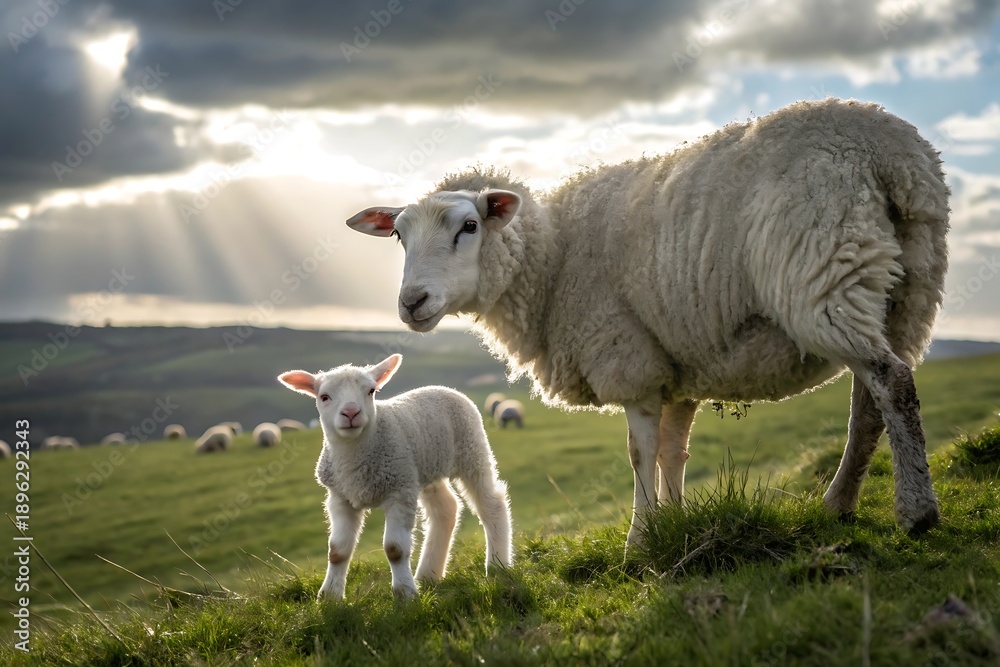 Obraz premium A ewe and a lamb stand together in a field, illuminated by sunbeams breaking through dramatic clouds.