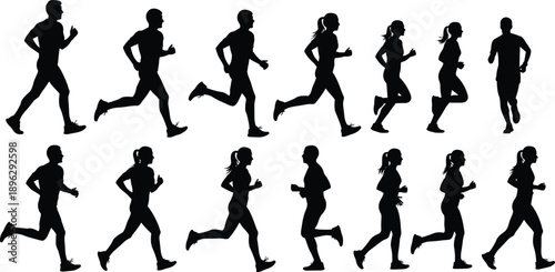 Running people silhouettes collection showing male and female joggers in motion, cardio exercise, fitness training and active lifestyle isolated on white background