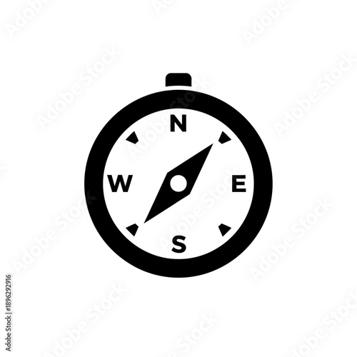 Silhouette of a navigation compass, nautical direction and travel tool, black vector shape on white background