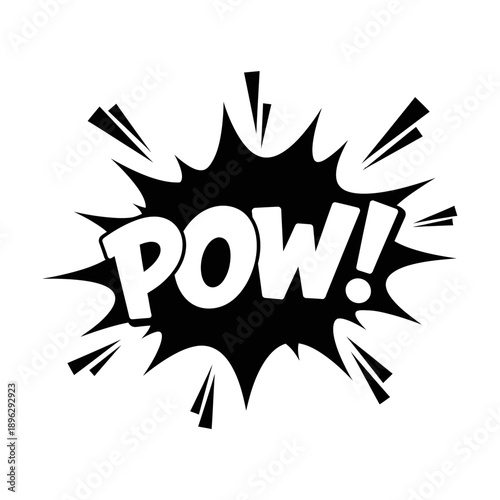 Silhouette of a comic book pow shape, starburst impact and action, black vector shape on white background