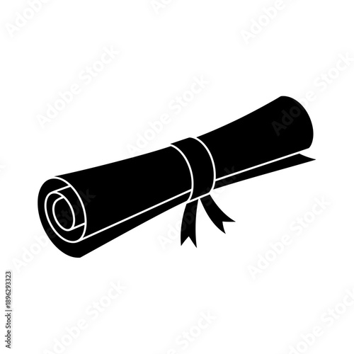 Silhouette of a rolled diploma scroll, graduation degree and education, black vector shape on white background
