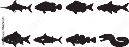 Comprehensive Vector Set of Marine Life Silhouettes - Featuring Swordfish, Tuna, Shark, and Various Deep-Sea Fish Icons for Sport Fishing, Seafood Menus, and Aquatic Design Projects.