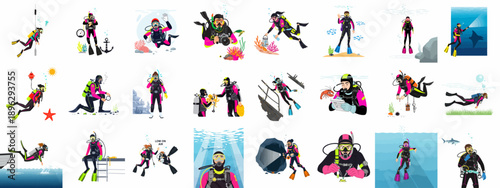 Comprehensive Scuba Diving Activities Vector Set. Illustrations of divers exploring coral reefs, doing underwater research, photography, safety procedures, and environmental cleanup.