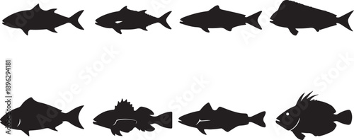 Exclusive Set of 8 Detailed Fish Silhouettes Vector Icons Collection. Includes Tuna, Bass, Tropical, and Game Fish Species for Fishing Logos, Seafood Menus, and Aquatic Design Projects.