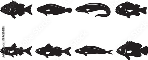 Comprehensive Set of 8 Minimalist Black Vector Fish Silhouettes and Diverse Marine Life Icons Collection. Perfect for Aquaculture, Fishing, Seafood Menus, and Ocean Environment Graphic Design Projects