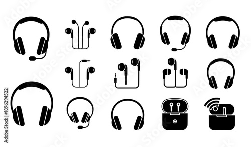Headphones and earbuds icon collection for audio and music design