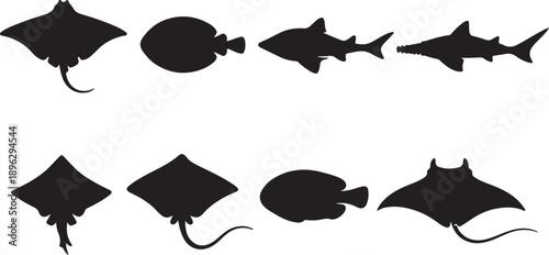 Ocean Wildlife Silhouettes Vector Set: Majestic Stingrays, Manta Rays, and Shark Species Black Icons. Deep Sea Fauna Graphic Elements for Logos & Decals.