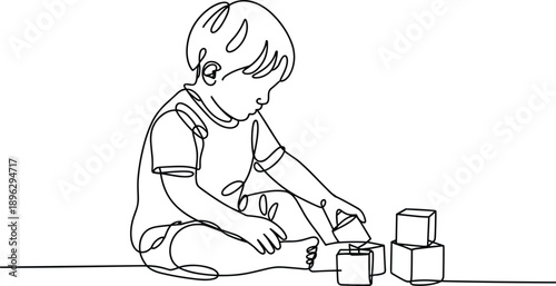 Single line of a child playing with blocks toys cubes