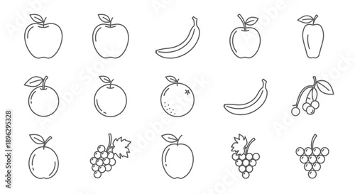 Collection of Outline Fruit Icons on Isolated White Background