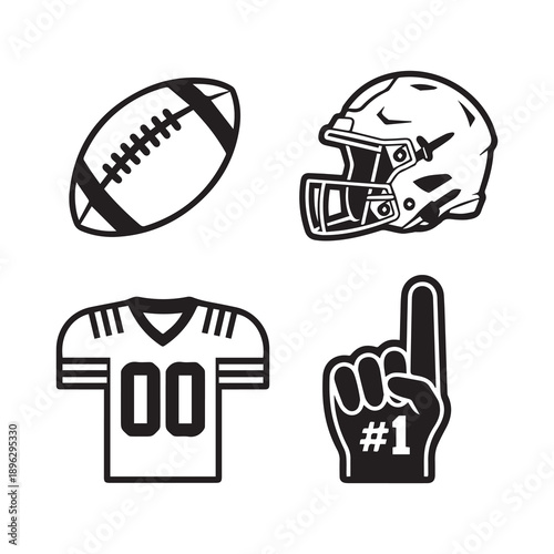 American football gear illustration with helmet jersey ball and foam finger