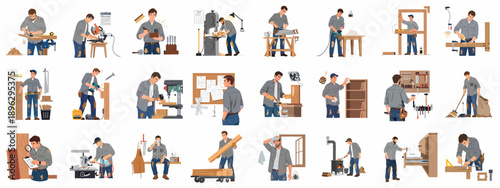 A comprehensive illustration set depicting a male carpenter performing various woodworking activities, including planning, cutting, drilling, sanding, assembly, and workshop maintenance.