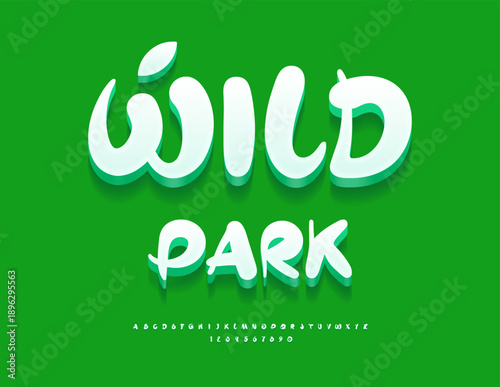 Vector Eco template Wild Park. Funny White Font. Handwritten Alphabet Letters and Numbers set.
