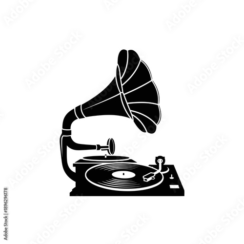 Vintage Gramophone Record Player Silhouette Music Icon Black Vector Shape Isolated on White Background
