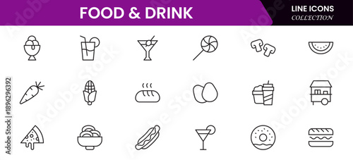 Food and drink web icons in line style. Meal, restaurant, dishes, fruits, fastfood, burger, pizza, coffee, sandwich, collection. Vector illustration.