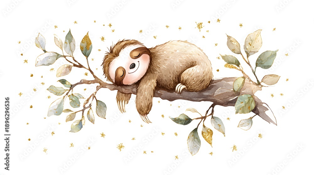Fototapeta premium Watercolor Illustration Cute Baby Sloth Sleeping on Tree Branch Watercolor Illustration. Whimsical Nursery Art and Wildlife Concept. Sleeping sloth on a tree branch with a celestial pastel background.