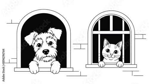 a charming illustration depicting a dog and cat peering out of windows silhouette