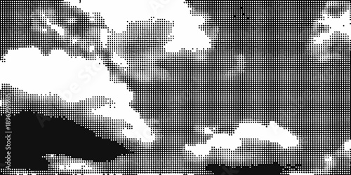 Abstract pixelated sky with clouds displaying a monochrome aesthetic